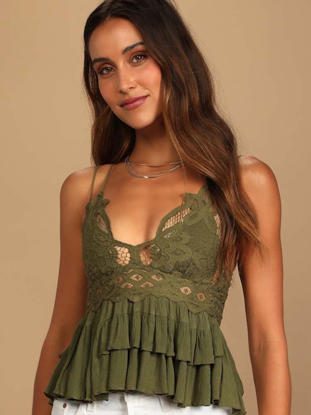 Free People Adella Cami Olive Green Lace Ruffled Tank Top